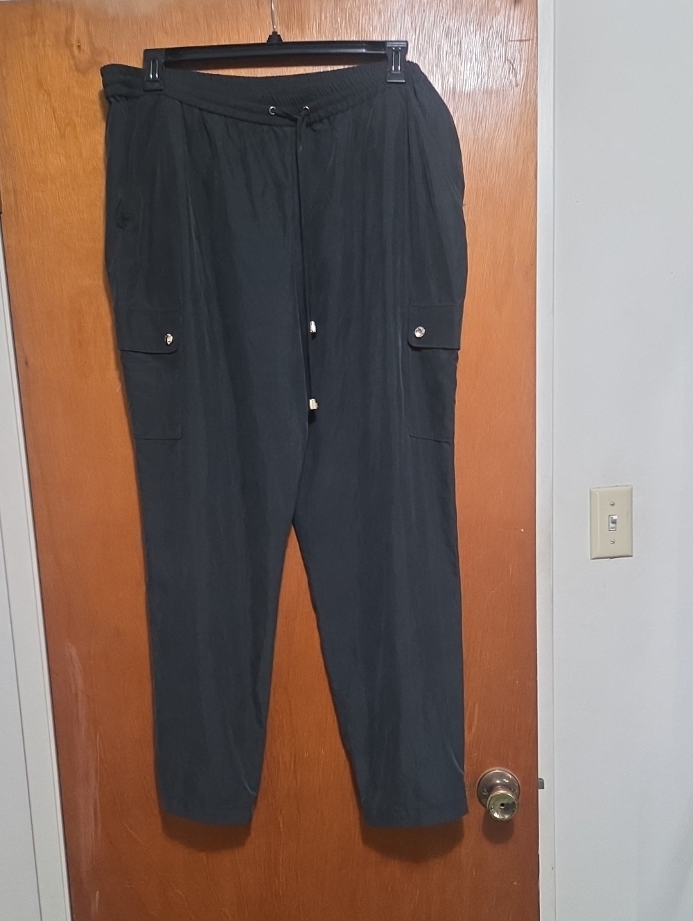 Vince Camuto Silk Black Cargo Drawstring Trousers with Snap Pockets